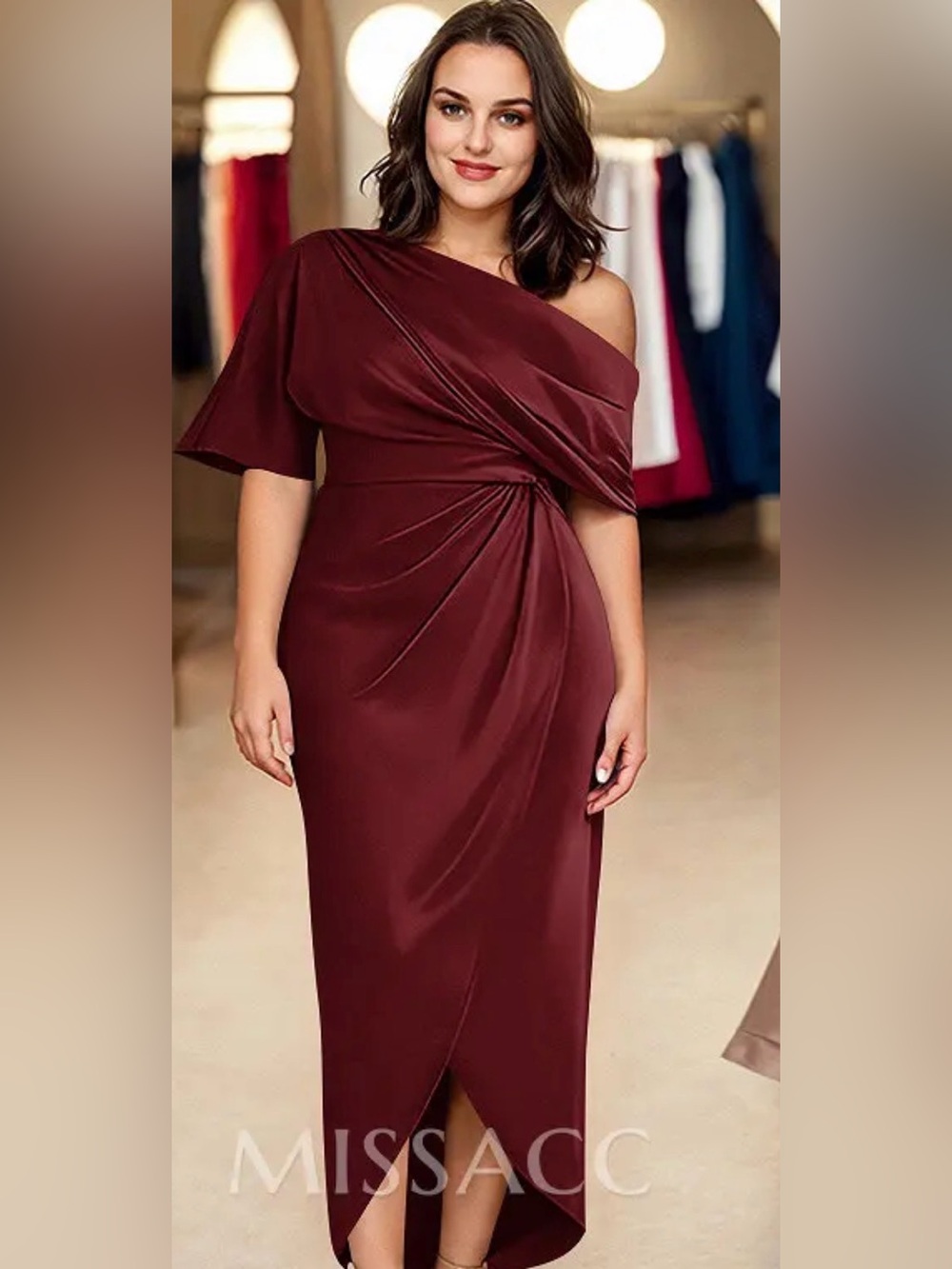 Missacc One-Shoulder Burgundy Draped Evening Dress